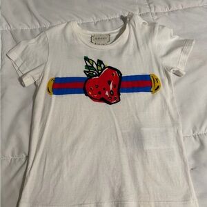 Gucci Kids White Tee with Strawberry and Stripe Design